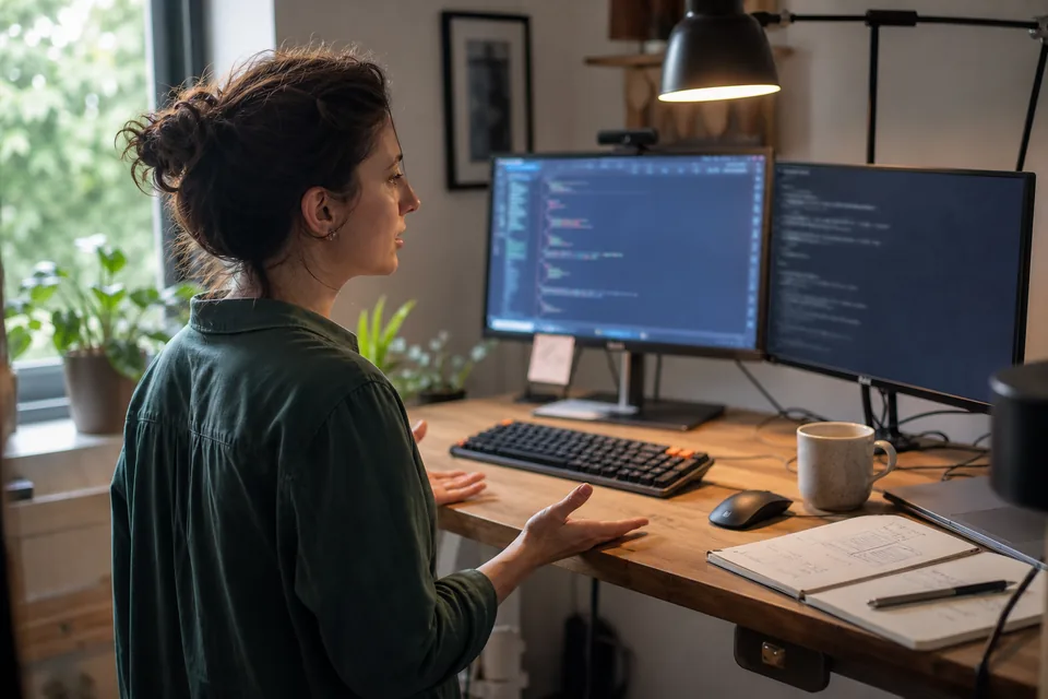 Developer at a standing desk with two monitors of code, hands off the keyboard, speaking a voice command