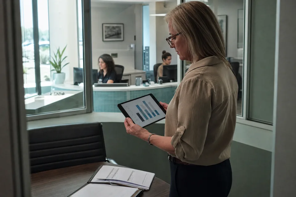Practice manager in a glass meeting room reviewing a report on a tablet while two colleagues work in the background